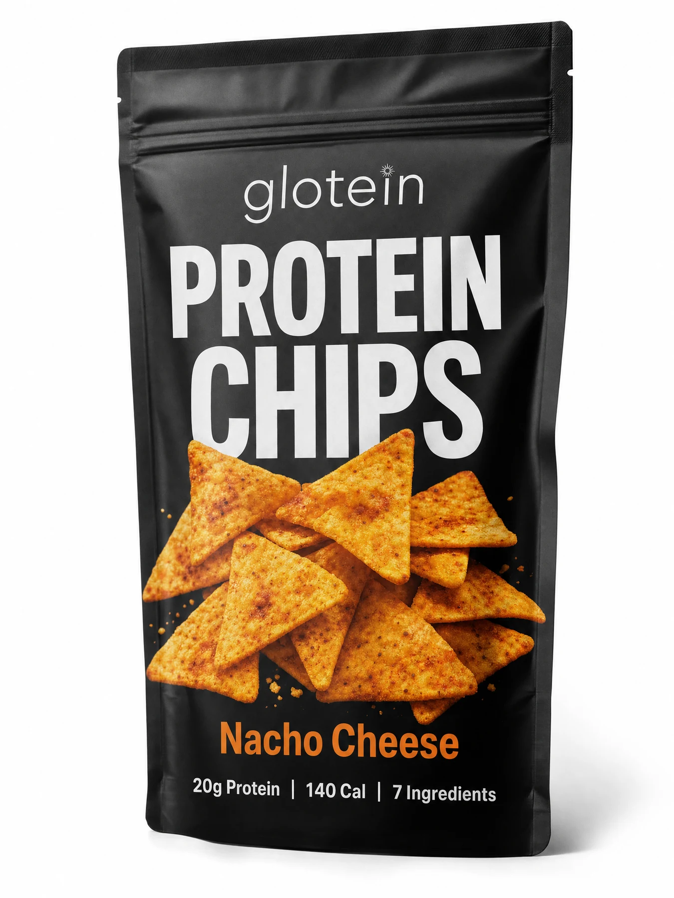 Concept packaging for GLOtein Nacho Cheese protein chips.