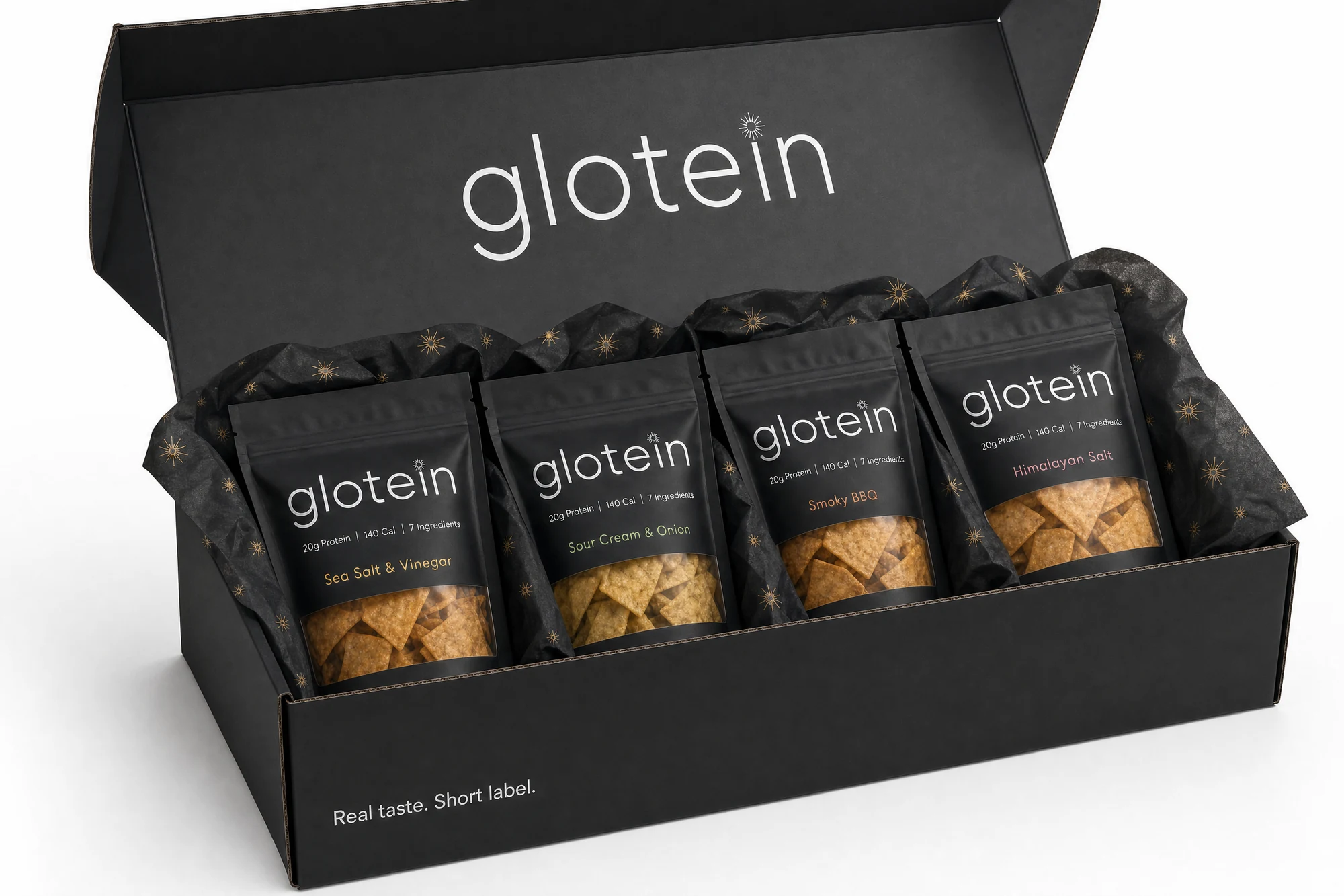 An open GLOtein variety shipping box holding concept protein chip bags.