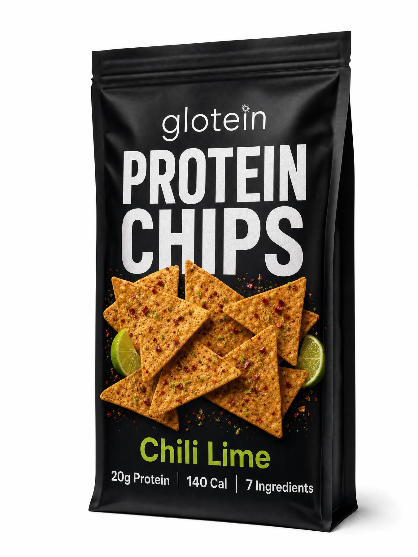 Concept packaging for GLOtein Chili Lime protein chips.