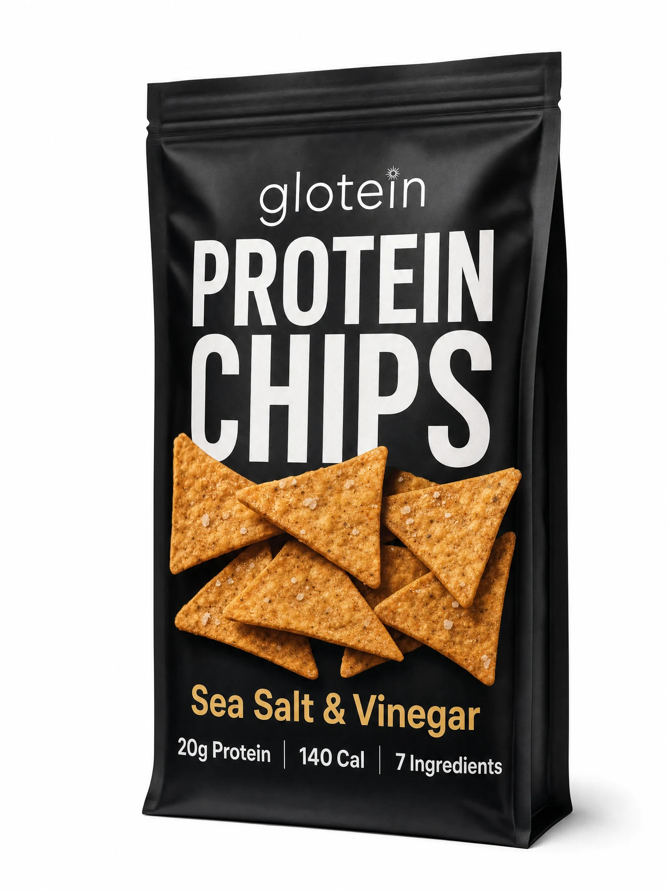Concept packaging for GLOtein Sea Salt & Vinegar protein chips.