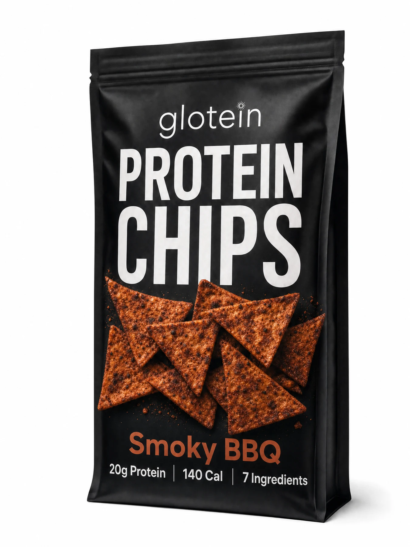 Concept packaging for GLOtein Smoky BBQ protein chips.